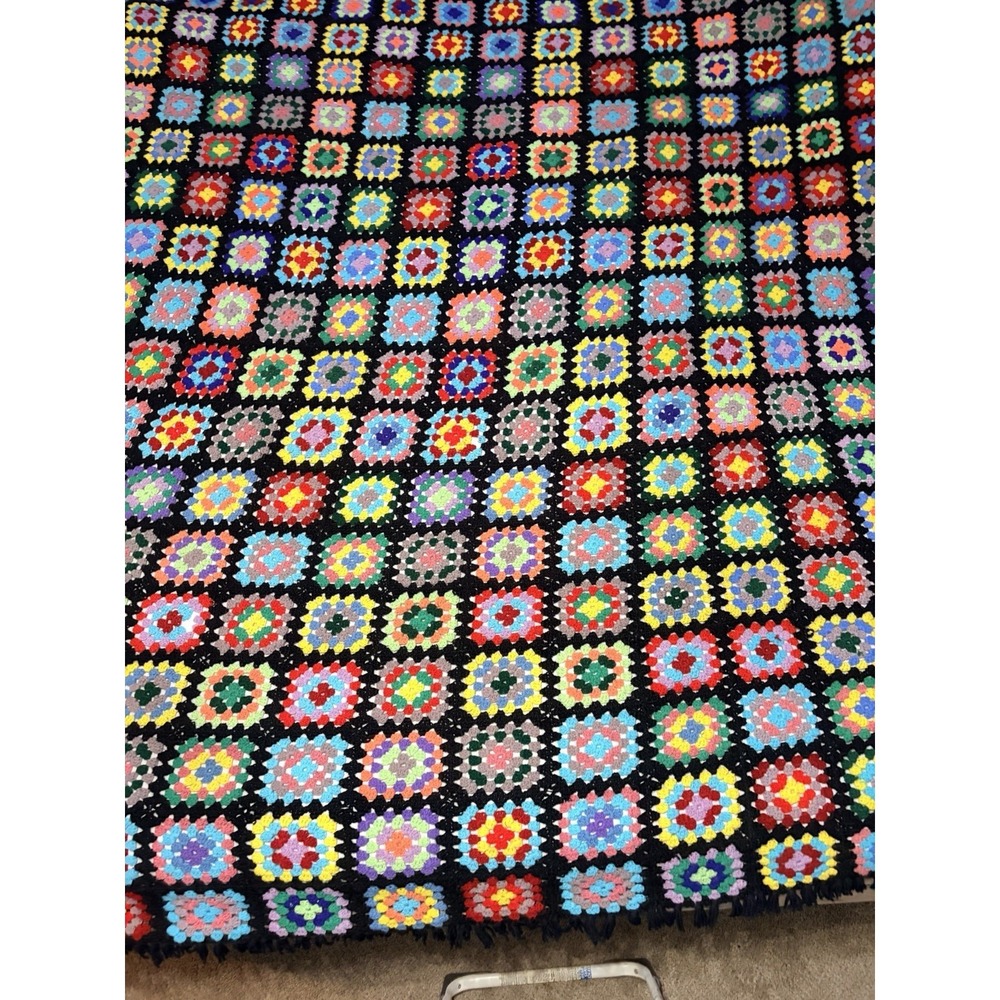 Vintage Handmade Crochet Granny Square Afghan Blanket Black Multicolor 118x86